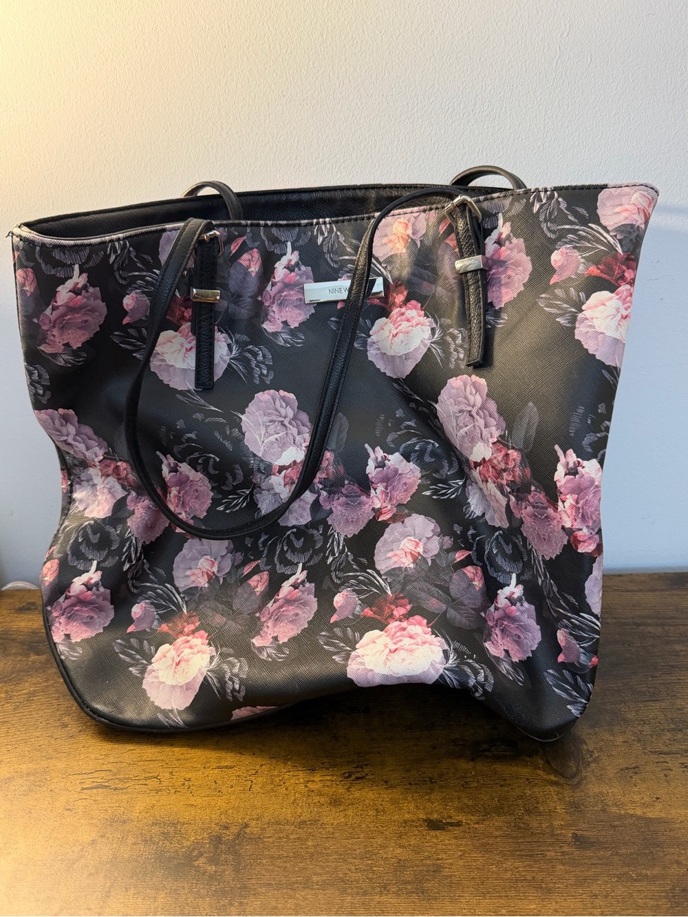 Nine West Black Tote with Pink Floral Print